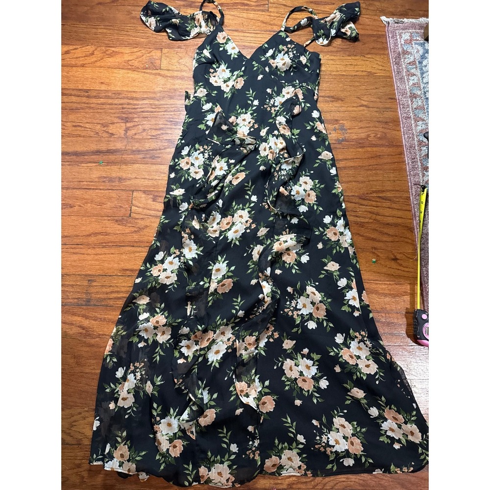 Floral Cold Shoulder Maxi Dress Black Peach Cream Ruffle Chiffon Wedding Guest